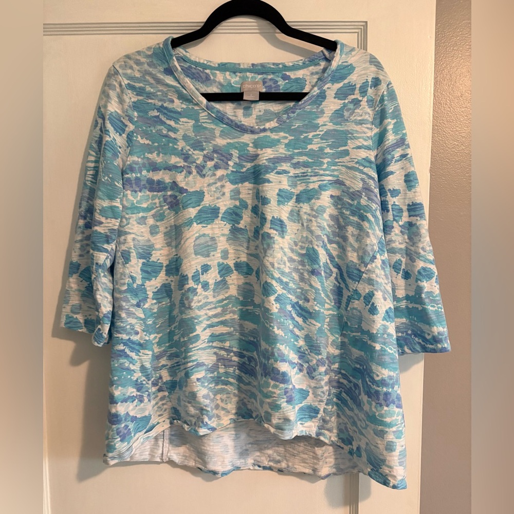 Chico's Blue and White 3/4 Sleeve Blouse Size 2 (US 12/L)